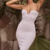 Oriana White Ribbed Knit Strapless Midi Dress