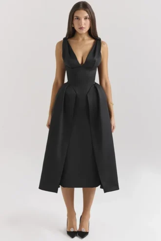 Paloma Black Satin Twist Strap Midi Dress