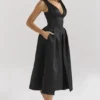 Paloma Black Satin Twist Strap Midi Dress