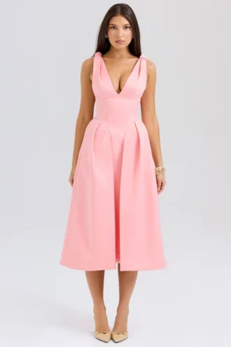 Paloma Peach Satin Pleated Midi Dress