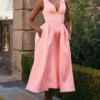 Paloma Peach Satin Pleated Midi Dress