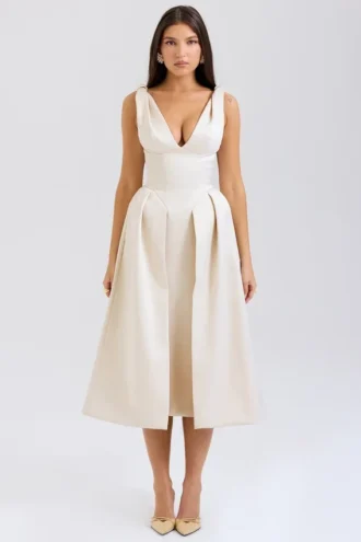 Paloma Vintage Cream Satin Pleated Midi Dress