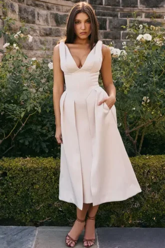 Paloma Vintage Cream Satin Pleated Midi Dress