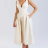Paloma Vintage Cream Satin Pleated Midi Dress
