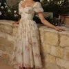 Penelope Ivory Vintage Rose Print Chiffon Midi Dress