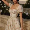 Penelope Ivory Vintage Rose Print Chiffon Midi Dress