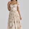 Penelope Ivory Vintage Rose Print Chiffon Midi Dress