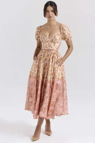 Penelope Peach Poppy Print Puff Sleeve Midi Sundress