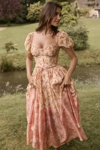 Penelope Peach Poppy Print Puff Sleeve Midi Sundress