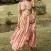 Penelope Peach Poppy Print Puff Sleeve Midi Sundress