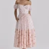 Penelope White Rose Print Georgette Ribbon Midi Dress