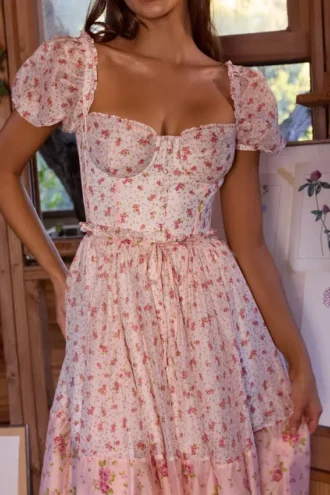 Penelope White Rose Print Georgette Ribbon Midi Dress