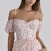 Penelope White Rose Print Georgette Ribbon Midi Dress