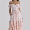 Penelope White Rose Print Georgette Ribbon Midi Dress