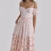 Penelope White Rose Print Georgette Ribbon Midi Dress