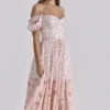 Penelope White Rose Print Georgette Ribbon Midi Dress