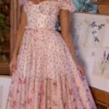 Penelope White Rose Print Georgette Ribbon Midi Dress