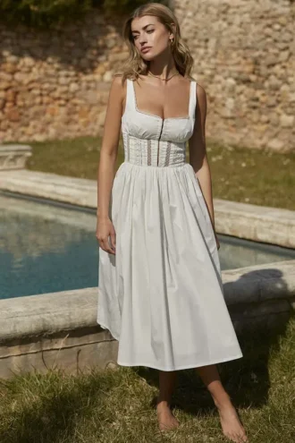 Perle White Lace Trim Midi Dress