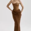 Persephone Coffee Velvet Strapless Corset Maxi Dress