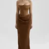 Persephone Coffee Velvet Strapless Corset Maxi Dress