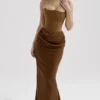 Persephone Coffee Velvet Strapless Corset Maxi Dress