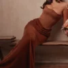 Persephone Coffee Velvet Strapless Corset Maxi Dress