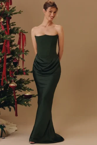 Persephone Emerald Green Crepe Strapless Corset Maxi Dress