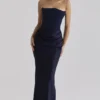 Persephone Navy Satin + Crepe Strapless Corset Maxi Dress