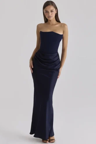 Persephone Navy Satin + Crepe Strapless Corset Maxi Dress