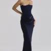 Persephone Navy Satin + Crepe Strapless Corset Maxi Dress