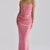 Persephone Raspberry Satin + Crepe Strapless Corset Maxi Dress