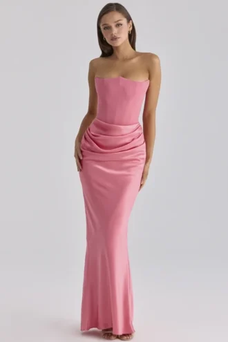 Persephone Raspberry Satin + Crepe Strapless Corset Maxi Dress