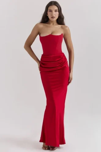 Persephone Scarlet Strapless Corset Maxi Dress