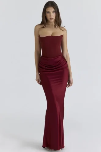 Persephone Wine Strapless Corset Maxi Dress