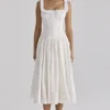 Phoebe White Cotton Broderie Anglaise Trim Midi Dress
