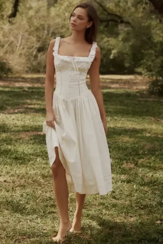 Phoebe White Cotton Broderie Anglaise Trim Midi Dress