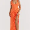 Pixie Flame Orange Ruffle Maxi Dress
