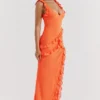 Pixie Flame Orange Ruffle Maxi Dress