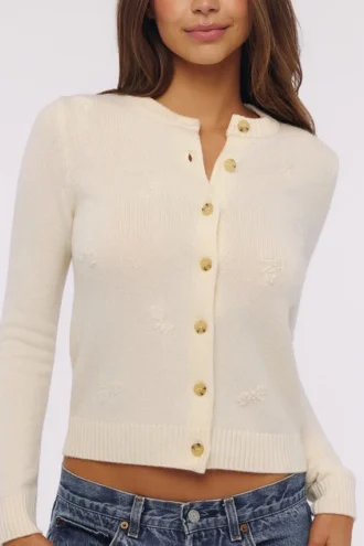 Poppie Ivory Wool + Cashmere Floral Embroidered Cardigan