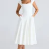 Raisa White Square Neck Twill Midi Dress
