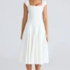 Raisa White Square Neck Twill Midi Dress
