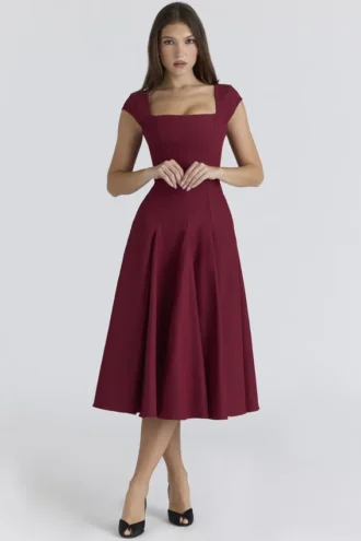 Raisa Wine Lace Back Twill Midi Dress