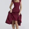 Raisa Wine Lace Back Twill Midi Dress