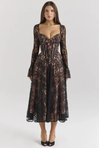 Raquel Black Lace Corset Midi Dress