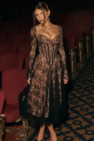 Raquel Black Lace Corset Midi Dress