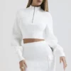 Reeva White Balloon Sleeve Ribbed Sweater