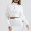 Reeva White Balloon Sleeve Ribbed Sweater