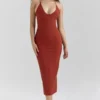 Ria Terracotta Stretch Cotton Fitted Midi Dress
