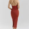 Ria Terracotta Stretch Cotton Fitted Midi Dress