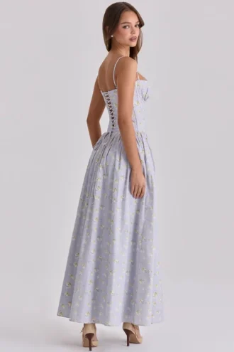 Rona Blue Wildflower Print Cotton Lace Up Maxi Dress